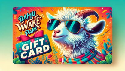 carte cadeau du Dahu Wake Park avec un chèvre qui porte des lunettes ray ban aviator.