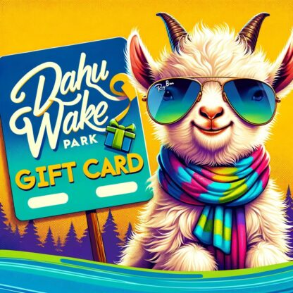 carte cadeau Dahu Wake Park avec une chèvre à lunette qui a des fluffy hair